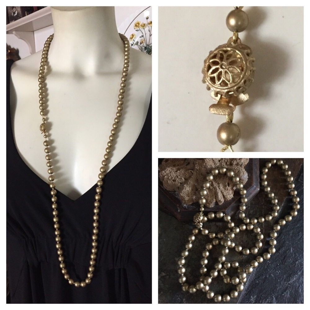 Vintage Opera Length Gold Pearl Necklace